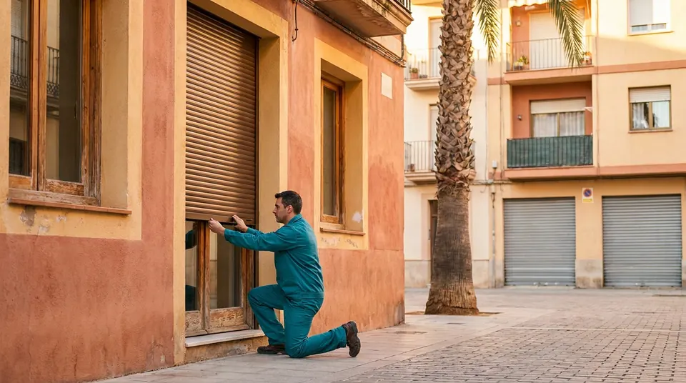 Persianista con ropa de trabajo ajustando la persiana enrollable de una ventana en planta baja, en una calle con palmera y bajos comerciales