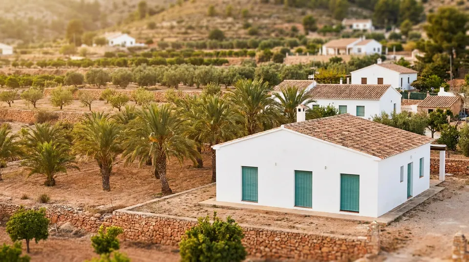 Casa de campo blanca de una planta con persianas y puertas verdes, rodeada de olivos y palmeras