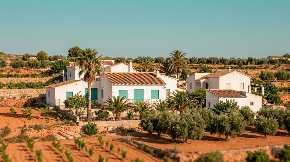 Casas blancas de campo con persianas verdes entre cultivos y árboles, bajo un cielo despejado