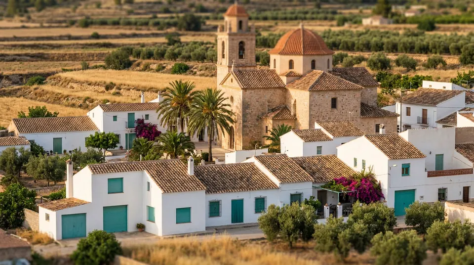 Casas blancas con persianas verdes alrededor de una iglesia con campanario, entre campos de cultivo
