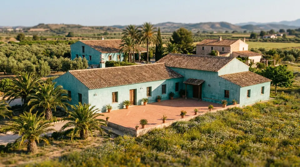 Casa de campo de color verde agua con terraza y persianas, entre palmeras y campos con montes al fondo