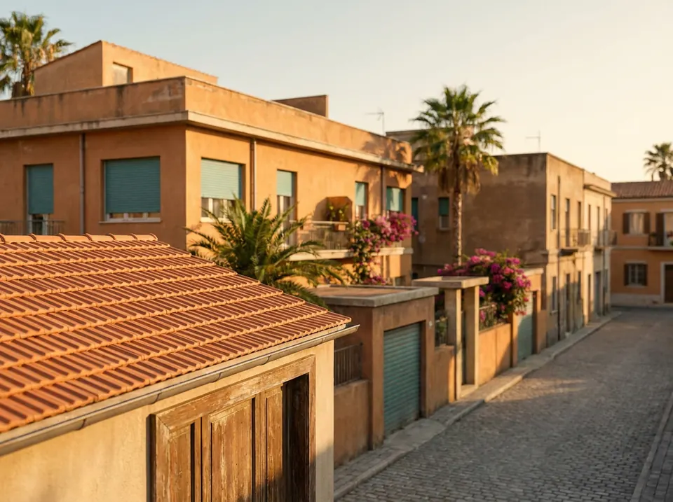 Casas bajas con persianas verdes, tejados de teja y buganvillas en una calle empedrada al atardecer